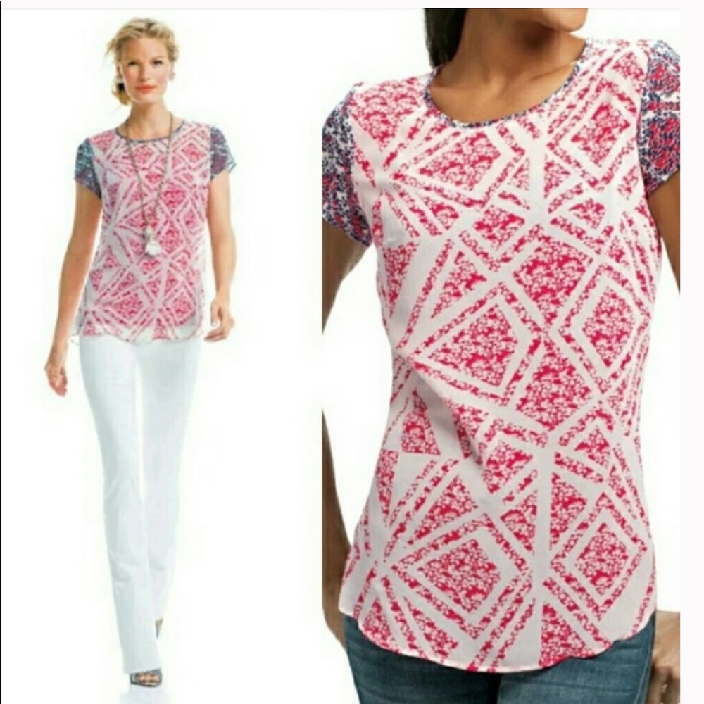 CAbi Red, White, and Blue Geometric Short Sleeve Top